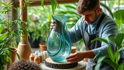 An artisan crafting a beautiful recycled glass vase, surrounded by lush greenery and sustainable materials, showcasing the harmony between nature-inspired design and eco-friendly production methods.