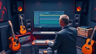 An artistic visualization of a virtual music production consultant providing feedback on a music project via a digital audio workstation interface, surrounded by musical instruments, studio equipment, and creative sound effects, capturing the essence of virtual music mentorship and collaboration.