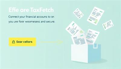 A dynamic visual of TaxFetch in action, showing a user connecting their financial accounts to the platform with a seamless and secure process, accompanied by digital representations of tax forms flying into a virtual tax folder, symbolizing convenience and efficiency in tax document retrieval.