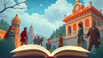 An artistic representation of historical figures and events coming to life in a digital storybook, with interactive elements and engaging visuals, immersing users in the world of Histopia Tales and history education.