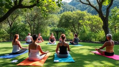 A serene outdoor setting with participants engaging in yoga and meditation practices surrounded by lush nature, with no tech devices in sight, conveying the peaceful and rejuvenating experience offered by TechBalance Haven's tech wellness retreats.