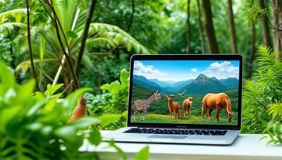 A captivating nature scene with lush greenery, wildlife illustrations, and a laptop displaying a virtual nature exploration tour among exotic animals and scenic landscapes, fostering a sense of environmental awareness and appreciation for biodiversity.