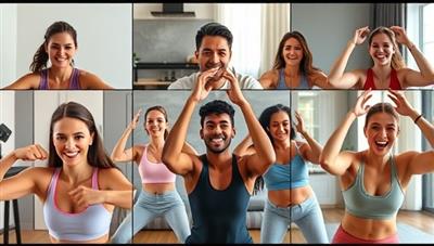 A diverse group of individuals participating in a virtual fitness challenge through video conferencing, showcasing their enthusiasm and engagement in the workout session.