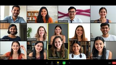 A diverse group of individuals engaged in a virtual language exchange session, each representing a different culture and language, with digital language learning tools displayed in the background, showcasing inclusivity and global connectivity.
