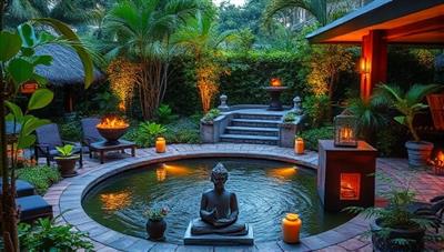 A serene outdoor meditation space surrounded by lush greenery, tranquil water features, and soft ambient lighting, evoking a sense of peace and serenity at Zen Oasis Haven.