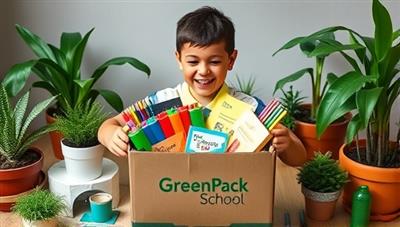 An image of a student happily unpacking their GreenPak School subscription box filled with colorful and sustainable school supplies, surrounded by potted plants and recycled materials, illustrating the eco-friendly and educational nature of the service.
