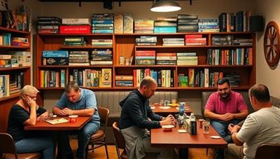A cozy board game cafe setting with shelves filled with colorful game boxes, customers immersed in gameplay at various tables, savoring drinks and snacks, creating a warm and inviting atmosphere of social interaction, fun, and camaraderie.
