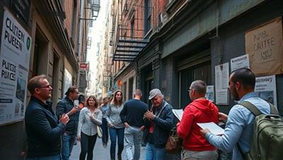An urban cityscape scene with participants exploring a hidden alleyway filled with clues and puzzles, interacting with the environment and each other as they unravel the secrets of the city, capturing the adventurous spirit of CityQuest Expeditions' urban exploration quests.