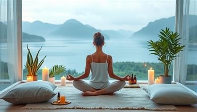 A serene and tranquil virtual wellness retreat setup with a professional wellness instructor leading a meditation session, surrounded by calming nature visuals, candles, essential oils, and cozy cushions, creating a peaceful and rejuvenating atmosphere for relaxation and mindfulness.