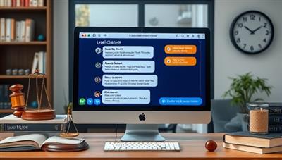A modern law office setting with a legal chatbot interface displayed on a computer screen, engaging with a client's inquiries and providing instant legal information, surrounded by legal books and a digital clock, illustrating the efficiency and accessibility of legal chatbot services in client communication.