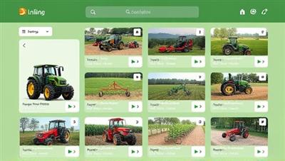 An online platform interface showcasing a variety of agricultural equipment listings available for sharing, including tractors, plows, and irrigation tools, with farmers engaging in collaborative and sustainable farming practices.