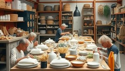 An artisanal workshop scene bustling with activity, featuring craftsmen transforming agricultural waste into stylish, eco-friendly products like biodegradable packaging and compostable tableware, emphasizing the creativity and sustainability of the upcycling studio.