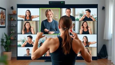 A dynamic image of a virtual fitness coach leading a workout session via a video call, with a diverse group of participants following along from their homes, showcasing convenience and inclusivity.