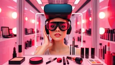 An immersive virtual reality makeup try-on experience showcasing a user trying different makeup looks in a digital mirror, surrounded by virtual beauty products and tools, creating a futuristic and interactive makeup exploration environment.