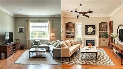 An inspiring digital collage showcasing a split-screen comparison of a dull, outdated room transformed into a stylish, modern living space, with side-by-side images highlighting the renovation process and design elements, capturing the essence of home improvement magic and transformation on the Renovate Showcase platform.