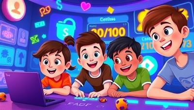An animated scene of a group of kids immersed in a virtual world of coding challenges and colorful game elements, with joyful expressions and animated avatars showcasing the fun and educational aspect of CodeQuest Junior.