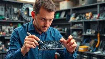 An expert technician fixing a cracked smartphone screen with precision tools in a well-equipped repair shop, surrounded by shelves of neatly organized tech parts and gadgets, conveying professionalism and expertise in tech repair.