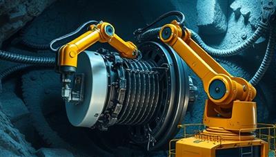 An innovative visual of a robotic arm conducting maintenance on a large mining machine in a rugged underground environment, showcasing the precision and versatility of robotic maintenance services offered by RoboMine Care.