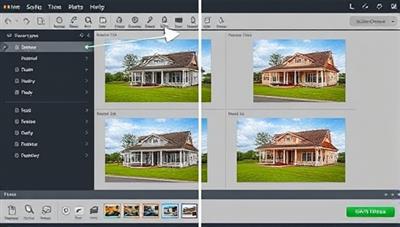 An image of a professional editing software interface with real estate photos displayed, highlighting the transformation from raw images to polished, visually appealing property listings.