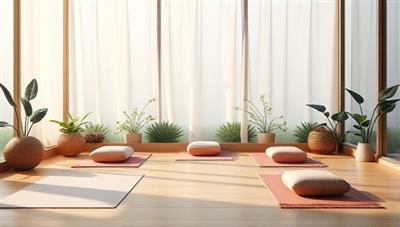 A serene visual representation of a virtual wellness retreat setting, featuring a tranquil virtual environment with yoga mats, meditation cushions, and natural elements, creating a peaceful and inviting atmosphere for relaxation and self-care.