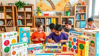 An array of colorful, hands-on STEM kits made from recycled materials, displayed in a vibrant classroom setting with children enthusiastically conducting experiments and building projects, emphasizing creativity and sustainability.