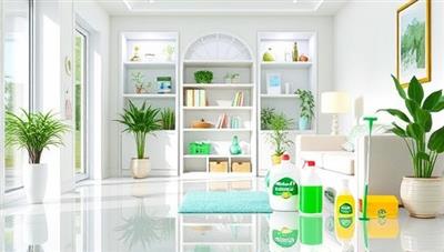 A visually appealing graphic showcasing a sparkling clean home environment with green cleaning products and equipment, emphasizing the natural and eco-friendly approach of the service.
