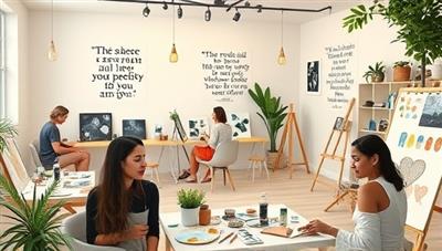 A serene virtual art studio setting with participants immersed in art activities, painting, drawing, and expressing themselves creatively, surrounded by inspirational quotes, soothing music, and natural elements, creating a peaceful and therapeutic environment for emotional exploration and healing through art.