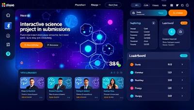 An engaging digital platform interface showcasing interactive science project submissions, virtual judging panels, and an online leaderboard, creating a dynamic and competitive environment for science enthusiasts to showcase their work.