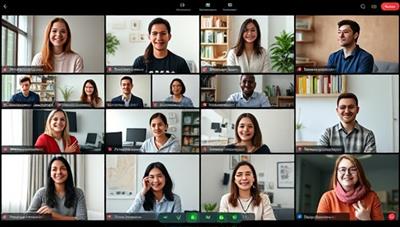 An engaging virtual classroom setting showcasing language learners from diverse backgrounds interacting through video calls, chat features, and interactive language exercises, fostering a sense of community and cultural exchange.