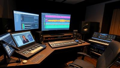 An immersive online music production studio setup with digital audio workstations, MIDI controllers, studio monitors, and a professional producer guiding a virtual session, highlighting the interactive and educational aspects of music production training in a digital environment.