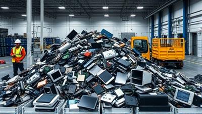 An impactful image featuring a pile of electronic devices being responsibly dismantled and recycled in a modern, eco-friendly facility, with workers in safety gear showcasing the process of tech recycling and sustainability practices.