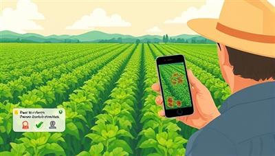 An engaging digital illustration showing a farmer using the CropGuardian AI app on a smartphone to scan a crop field and receive instant disease detection results, with visual overlays highlighting affected areas and recommended treatment options, demonstrating the convenience and effectiveness of AI technology in crop protection.