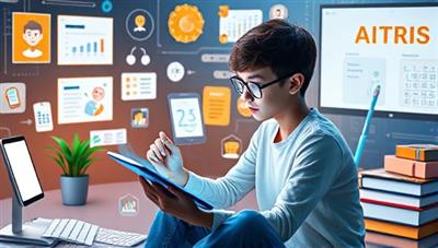 An engaging and futuristic visualization of AI-powered learning technology, featuring a student interacting with a digital tutor on a tablet, surrounded by interactive study materials and educational animations, illustrating a personalized and immersive learning experience.