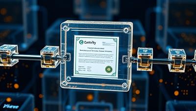 A futuristic visual of transparent blockchain blocks forming a secure chain around a digital certification document, symbolizing trust, transparency, and security in the verification process within the BlockVerify platform.