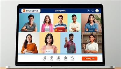 A diverse virtual skill-sharing session displayed on a laptop screen, featuring users exchanging knowledge and expertise in various fields such as coding, design, language learning, and culinary arts, with virtual badges and certificates symbolizing skill achievements and community collaboration, illustrating the concept of SkillSwapHub.
