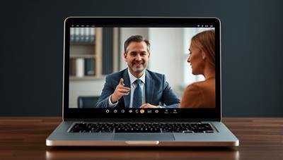 An engaging graphic of a laptop screen showing a virtual legal consultation in progress, with a lawyer providing advice to a client via video call, conveying professionalism and modern legal services.