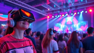 An immersive VR world with avatars attending a virtual concert, showcasing the futuristic and interactive nature of VR livestream events, with vibrant visuals and social interaction elements.