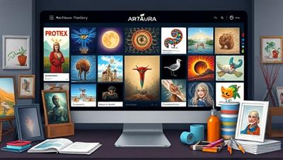 A digital art gallery interface displaying a diverse collection of artworks, with interactive features for users to explore and download pieces, surrounded by creative tools and inspiration, symbolizing the artistic diversity and accessibility of ArtAura Gallery.