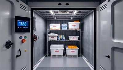 An image of a state-of-the-art temperature-controlled storage unit by ChillZone Rentals, featuring a digital temperature display, secure access control, and neatly arranged sensitive goods inside, highlighting the precision and reliability of the storage solution.