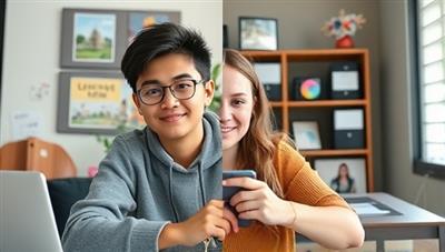 A split-screen image showing a student engaging in an interactive online language lesson with a mentor, with virtual language exercises and cultural images in the background, highlighting the platform's dynamic and immersive learning experience.
