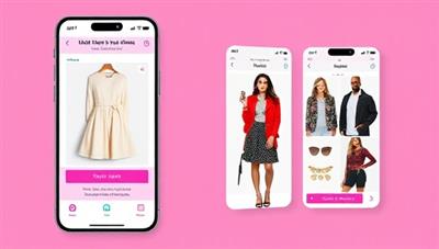 An interactive mobile app interface showing a user uploading a photo of a dress and receiving multiple styling suggestions, with trendy outfit combinations displayed on the screen, creating a seamless and engaging styling experience.