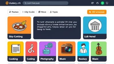 An engaging and dynamic virtual marketplace interface showcasing various skills available for exchange, with colorful icons representing different categories such as cooking, coding, photography, and music, highlighting the diversity of offerings.