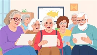 An illustration of a diverse group of seniors engaging in a virtual class on digital skills, with laptops and tablets in hand, showcasing the inclusive and supportive learning environment provided by SilverTech Academy.