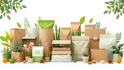 An artistic rendering of a diverse array of eco-friendly packaging options, including boxes, wraps, and containers, surrounded by greenery and natural elements, symbolizing sustainability and innovation.