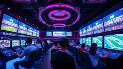An immersive VR arena with futuristic design elements, customers wearing VR headsets engaged in virtual sports betting, surrounded by digital displays showing dynamic VR environments, creating a high-tech and interactive atmosphere.