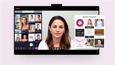 A virtual mentorship session visualized through a split-screen image showing a beauty mentor providing personalized advice to a mentee via video call, with a digital mood board of beauty inspirations and career goals displayed on one side, highlighting the mentorship connection and professional guidance facilitated by Beauty Mentor Connect.
