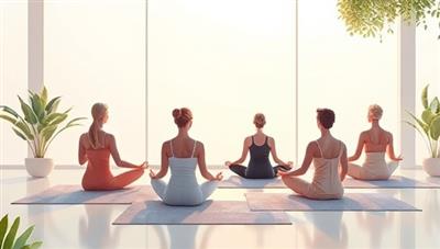 A serene digital illustration of a virtual meditation session with participants in tranquil poses, surrounded by soft lighting, nature elements, and gentle music, evoking a sense of inner peace and mindfulness in a serene virtual setting.