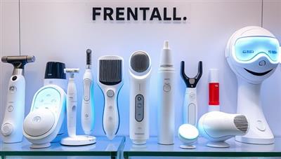 An assortment of high-tech beauty gadgets lined up neatly in a rental display, showcasing futuristic skincare devices, hair tools, and LED masks, inviting customers to explore the world of beauty technology through affordable rentals.
