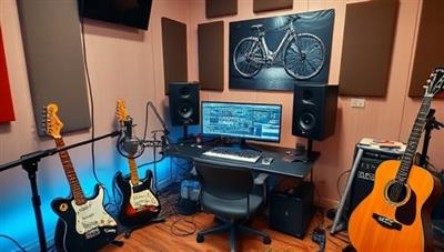 A professional home studio setup with musical instruments, recording equipment, and a computer workstation showcasing music production software, creating an immersive and inspiring environment for aspiring music producers.
