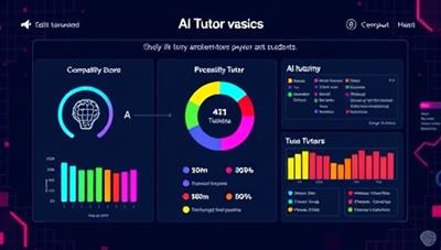 An AI interface displaying a virtual tutor matching process, with colorful data visualizations showing compatibility scores and tutoring recommendations for students, creating a futuristic and efficient tutoring solution.